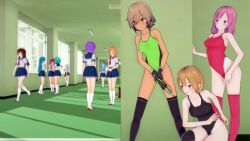 3d brown_hair femdom femsub haigure haigure_ayami haigure_ayami_(artist) happy_trance leotard original raygun school_uniform