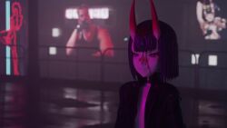    3d animated bandage blade_runner_2049 blood bottomless breasts cleavage coat collar demon_girl dkclaude3d expressionless eye_roll eyeshadow fate/grand_order fate_(series) female_only femsub glowing_eyes hair_ornament horns hypnotic_light meme petite pink_eyes purple_eyes purple_hair short_hair shuten_doji small_breasts solo symbol_in_eyes video 