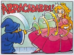 blonde_hair blue_eyes blush charlie_nozawa clothed crown dress earrings english_text femsub hat high_heels hypnotic_magic jewelry magic magic_wand magician magikoopa maledom nintendo official official_art princess princess_peach royalty shoes sparkle super_mario_bros. text very_long_hair