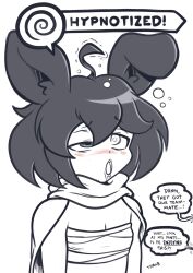  ahoge animal_ears black_hair blush bunny_boy dialogue drool english_text erection erection_under_clothes gameplay_mechanics keeper_of_pots male_only malesub monochrome open_mouth original simple_background speech_bubble spiral spiral_eyes symbol text white_background woot_(woot) 