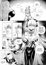 alternate_costume bondage breast_fondling breast_grab breasts character_request choker comic corruption dialogue earrings english_text evil_smile fate/grand_order fate_(series) female_only femdom femsub flower flower_in_hair goddess hair_ribbon happy_trance holding_breasts hyoui_lover kama_(fate/grand_order) large_breasts long_hair looking_at_viewer magic morgan_le_fey_(fate) ponytail possession restrained ribbon sketch smile speech_bubble swimsuit text transformation