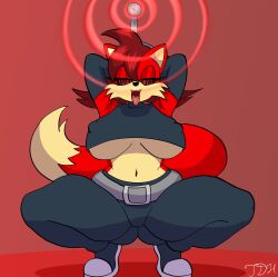  absurdres antenna arms_above_head belt breasts clothed erect_nipples female_only femsub fiona_fox fox_ears fox_girl fox_tail furry happy_trance large_breasts long_hair midriff navel open_mouth pants red_background red_hair shoes short_hair signature simple_background solo sonic_the_hedgehog_(series) spiral_eyes spiralwash_eyes squatting symbol_in_eyes tail thedrawing thick_thighs thighs tongue tongue_out wall_eyed 