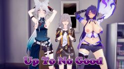  3d acheron_(honkai_star_rail) angry animal_ears arms_above_head aware blue_eyes body_control breasts breasts_outside closed_eyes clothed cover embarrassed english_text feixiao_(honkai_star_rail) female_only femdom femsub fox_ears fox_girl fox_tail grey_hair hair_covering_one_eye honkai_star_rail humiliation long_hair multiple_girls multiple_subs nipples pink_eyes purple_hair short_hair stelle_(honkai_star_rail) tail text white_hair zenin1 