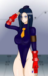 blue_hair breasts degarashi empty_eyes expressionless female_only femsub fingerless_gloves glasses gloves kyoko_minazuki long_hair project_justice rival_schools saluting solo standing standing_at_attention tie 
