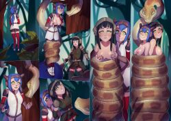  black_hair blue_hair breast_fondling breast_grab breasts coils crosscode disney femsub happy_trance hypnotic_eyes hypnotized_assistant kaa kaa_eyes lairreverenteboladepelos lea_(crosscode) multiple_girls multiple_subs nipples restrained shizuka_(crosscode) smile snake the_jungle_book undressing 