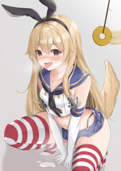 absurdres blonde_hair breasts brown_eyes bunny_ears empty_eyes fake_animal_ears femsub gloves hair_band heart heart_eyes kantai_collection kusana long_hair miniskirt navel open_mouth opera_gloves pendulum pet_play shimakaze_(kantai_collection) skirt squatting symbol_in_eyes tail thighhighs thighs tongue tongue_out