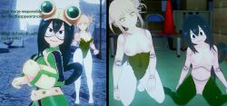  3d before_and_after black_eyes black_hair blonde_hair breasts cyanstargazer defeated doll doll_joints dollification empty_eyes exposed_chest expressionless femsub himiko_toga koikatsu! long_hair messy_hair multiple_girls multiple_subs my_hero_academia puppet text tsuyu_asui yellow_eyes 