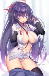 blush breasts cleavage date_a_live female_only femsub happy_trance icontrol_(manipper) kaptivate large_breasts long_hair looking_at_viewer manip navel open_shirt panties purple_hair ribbon smile solo spiral_eyes symbol_in_eyes thighhighs tohka_yatogami underwear undressing