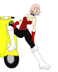  absurdres black--wave blush body_writing boots bow_tie bunnysuit eye_roll femsub flcl gloves happy_trance haruko_haruhara knee-high_boots light_skin pink_hair short_hair text tongue tongue_out yellow_eyes 