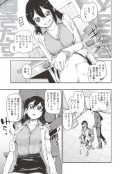 absurdres akitsuki_itsuki breasts cleavage comic femsub greyscale large_breasts long_hair maledom open_mouth original sandals school_uniform text translated