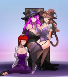  breast_grab breasts brown_hair ereme_(bobbette) female_only femdom femsub glowing_eyes groping happy_trance huge_breasts kanani_(mamaclockie) large_breasts original pink_hair red_hair shinzu sonia_(the_goddess_sonia) witch witch_hat 