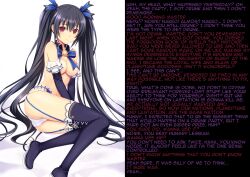  arm_warmers ass bare_shoulders bed black_hair boots breasts cameltoe caption cleavage erect_nipples female_only femdom femsub garter_belt garter_straps gloves hair_ribbon happy_trance hyperdimension_neptunia large_breasts long_hair manip noire opera_gloves panties red_eyes ribbon ring_eyes rize_(manipper) sitting smile text thigh_boots topless twintails underboob underwear yuri 