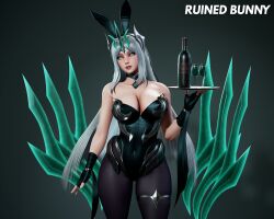 3d alternate_costume alternate_hair_color breasts bunnysuit fake_animal_ears female_only femsub green_eyes irelia_(league_of_legends) league_of_legends magic ruination ryanreos solo tray waitress weapon white_hair