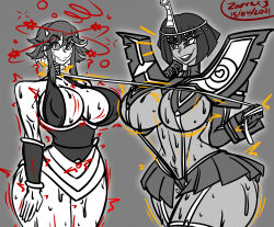 alternate_costume bimbofication black_hair breasts cleavage cosplay crossover dark_skin drool eliza_(skullgirls) english_text femdom femsub gloves grey_background happy_trance heart heart_eyes kill_la_kill large_breasts leash lipstick living_costume makeup malesub midriff navel ryuuko_matoi senketsu short_hair skullgirls smile spiral spiral_eyes standing standing_at_attention sweat symbol_in_eyes text thick_thighs thighhighs thighs zarvex3