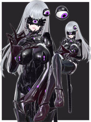  3d absurdres arms_above_head aura blindfold bodysuit boots border breast_press claws crossed_arms crossed_legs crotch_tattoo expressionless female_only femsub floating futanari futasub gloves grey_background hair_ornament koikatsu! kuromaru large_breasts living_costume long_hair m.u.g.e.n. multiple_views null_bulge original pad_lock parasite pasties possession purple_eyes simple_background sitting standing sumxsum03 symbiote tentacles thigh_boots thighhighs tight_clothing white_hair 