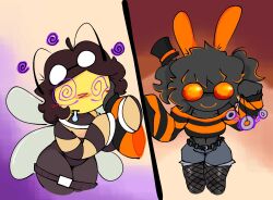   antenna_(biology) bee_girl belt black_hair blush bra breasts brown_hair bunny_ears bunny_girl cleavage confused drool female_only female_pov femdom femsub glasses glowing_eyes jeans komas97 leaning_forward looking_at_viewer open_mouth orange_background original pendulum purple_background short_hair smile spiral_eyes standing thick_thighs thighs trembling wings yuri 
