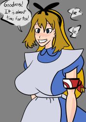  absurdres alice alice_in_wonderland anonymous_artist brown_hair cosplay female_only femsub identity_swap large_breasts may nintendo pokemon pokemon_ruby_sapphire_and_emerald solo spiral_eyes symbol_in_eyes text 