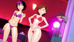  big_hero_6 bikini bikini_bottom bikini_top black_hair brown_eyes brown_hair clothed cover disney elastigirl femsub glasses gogo_tomago headphones helen_parr maledom milf multicolored_hair multiple_girls multiple_subs neko_(3d_artist) orb pink_hair short_hair super_hero the_incredibles 