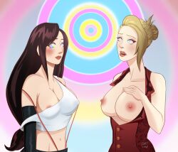 blonde_hair blush breasts brown_hair female_only femsub final_fantasy final_fantasy_vii hypnotic_screen lapislazuliart large_breasts long_hair midriff multiple_girls multiple_subs open_clothes open_mouth scarlet_(ff7) tech_control tifa_lockhart