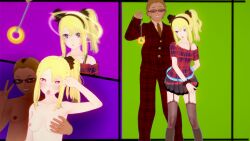  3d akaoni0123 bare_shoulders before_and_after blonde_hair boots breast_grab coin confused evil_smile femsub glasses glowing_eyes hair_ornament koikatsu! maledom nodoka_toyohama open_mouth pendulum rascal_does_not_dream_of_bunny_girl_senpai red_eyes ring_eyes side_ponytail skirt smile tagme thighhighs tongue tongue_out v 