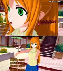 3d dialogue drool earrings empty_eyes english_text eyeshadow freckles green_eyes hailey_(liz_b) hypnotic_accessory koikatsu! lipstick liz_b mantra orange_hair original text zombie_walk
