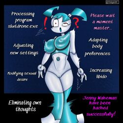 blue_background breasts english_text femsub hacking jenny_wakeman my_life_as_a_teenage_robot nickelodeon open_mouth robot robot_girl text veigoarts