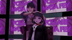  3d ace_attorney animated animated_gif black_hair breasts clothed dangan_ronpa dazed female_only femdom femsub jewelry junko_enoshima large_breasts legsweepboxer long_hair maya_fey open_mouth seizure_warning skirt smile standing subliminal tech_control text 