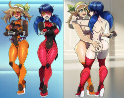  absurdres antenna ass ass_grab bandana blue_eyes blue_hair bodysuit bottomless breast_press breasts brown_hair closed_eyes clothed convenient_censoring evil_smile female_only femdom femsub glowing high_heels leggings light_skin long_hair marinette_dupain-cheng may microchip miraculous_ladybug nintendo nude pokeball pokemon remote_control simple_background smile standing tan_skin tech_control thighhighs topless twintails visor yuri zorro-zero 