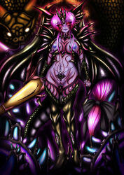 blue_skin blush boots bottomless breasts corruption demon_girl elf_ears femsub glowing glowing_eyes happy_trance hozumi_touzi large_breasts long_hair monster_girl nipple_piercing nude piercing pink_hair pintsize tattoo thigh_boots thighhighs topless tribal_tattoo wings