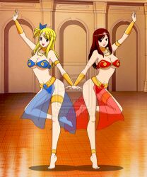 barefoot blonde_hair breasts dancer dancing dead_source empty_eyes erza_scarlet fairy_tail feet femsub happy_trance harem_outfit hypnotic_accessory jimryu large_breasts long_hair lucy_heartfilia red_hair watermark