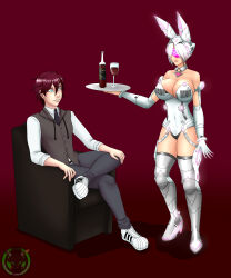  absurdres arm_warmers barcode boots bracelet breasts brown_hair bunny_ears bunnysuit cleavage dress_shirt fake_animal_ears femsub gloves hair_covering_one_eye large_breasts maledom opera_gloves pants shirt short_hair simple_background sneakers spiral standing theneko thigh_boots tie tray visor waitress watermark white_hair 