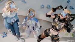  3d alien armor blonde_hair bodysuit boots breasts cloak_(marvel) clothed crossover dc_comics eh fantastic_four femsub gloves jacket kneeling leaning_forward long_hair magik marvel_comics marvel_rivals midriff navel open_mouth parasite possession shoes shorts standing starro super_hero susan_storm thighhighs x-men 