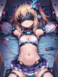  ai_art arm_warmers blonde_hair blush cables cleavage corruption cuffs dazed electricity female_only femsub headphones koimin4_(generator) miniskirt navel open_mouth restrained short_hair skirt small_breasts solo spread_legs stable_diffusion_(ai) tech_control twintails visor wires 