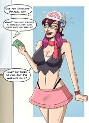 breasts cleavage dialogue female_only femsub gemna_(mezz+pokemongirl) glasses happy_trance hat humor large_breasts multicolored_hair original polmanning purple_hair short_hair spiral_eyes symbol_in_eyes text