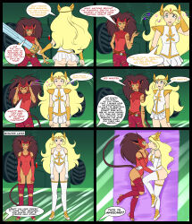 absurdres adora blonde_hair breasts brown_hair cameltoe cat_girl catra circlet comic dialogue drool empty_eyes female_only femsub gloves happy_trance hypnotic_audio hypnotic_music katsiika kissing latex leotard long_hair open_mouth opera_gloves she-ra she-ra_and_the_princesses_of_power speech_bubble sub_on_sub tail text yuri