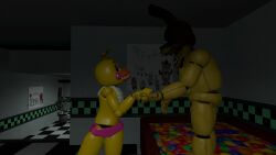  bunnysuit chicken_girl clothed expressionless eye_color_change eyelashes femsub five_nights_at_freddy's five_nights_at_freddy's_2 holding_hands hypnotic_eyes imminent_death justachair monster pit_spring_bonnie sharp_teeth toy_chica 