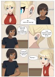  blonde_hair breasts brown_eyes brown_hair clefla comic cybus_industries dark_skin dialogue doctor_who_(series) dress earbuds earpiece female_only fembot femsub hypnotic_accessory lipstick open_mouth robotization sitting smile speech_bubble t-shirt tech_control text thought_bubble 
