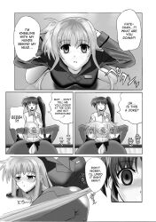  arms_above_head artist_request breasts comic empty_eyes expressionless fate_testarossa female_only hard_translated large_breasts magical_girl_lyrical_nanoha monochrome nanoha_takamachi pendulum tagme text translated yuri 