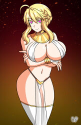ahoge alerith alternate_costume artoria_pendragon artoria_pendragon_(lancer) blonde_hair breasts command_seal crossed_arms dancer dancing fate/grand_order fate/stay_night fate_(series) female_only femsub happy_trance harem_outfit heart heart_eyes large_breasts midriff navel smile symbol_in_eyes thick_thighs thighhighs thighs