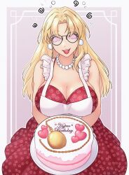 absurdres apron aurora_(jabberwocky) birthday blonde_hair bubble cake cleavage collarbone dress earrings eshie female_only femsub glasses happy_trance huge_breasts lipstick long_hair looking_at_viewer makeup necklace open_mouth original pocket_watch red_lipstick simple_background smile solo sparkle spiral spiralwash_eyes stepfordization text