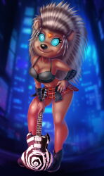  14-bis ash_(sing) bare_legs bare_shoulders boots breasts cleavage furry guitar happy_trance high_heels large_breasts midriff porcupine_girl short_skirt sing smile spiral spiral_eyes story symbol_in_eyes tech_control western 
