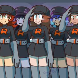  black_hair blonde_hair blue_eyes blue_hair brown_hair female_only goopkitty green_eyes happy_trance hat long_hair multiple_girls multiple_subs nintendo original pokemon red_hair saluting short_hair smile spiral_eyes standing standing_at_attention team_rocket uniform 