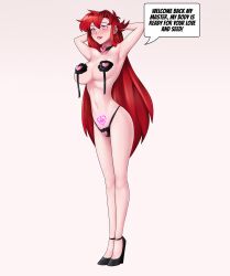  armpits arms_above_head bare_legs blush breasts choker cleavage collar crotch_tattoo deltathelion dialogue glowing gurren_lagann hand_on_head happy_trance heart_pasties high_heels large_breasts navel panties pasties pink_eyes red_hair simple_background smile speech_bubble standing standing_at_attention text very_long_hair white_background yoko_littner 