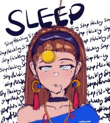  bare_shoulders blush brown_hair choker collarbone drool earrings female_only femsub hair_band heavy_eyelids long_hair mole necklace nettleseeds original pendulum pocket_watch ring_eyes simple_background sleep_command solo sweater text v-nettle_(nettleseeds) white_background 
