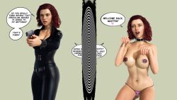  3d absurdres black_widow bodysuit breasts cleavage collar denial dialogue female_only femsub happy_trance huge_breasts large_breasts marvel_comics navel op-tron pasties pet_play red_hair super_hero text thong western 