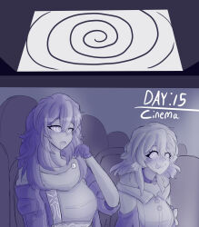 a_singular_fish arm_warmers bare_shoulders blush chair clothed drool emblem eyebrows_visible_through_hair female_only femsub flower gloves happy_trance honkai_star_rail hypnotic_screen hypnotic_spiral hypnovember jacket leaning_forward long_hair march_7th_(honkai_star_rail) multiple_girls multiple_subs open_mouth scarf shirt sitting smile spiral spiralwash_eyes stelle_(honkai_star_rail) t-shirt tongue tongue_out