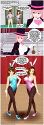 3d absurdres before_and_after belt bow_tie brown_eyes brown_hair bunnysuit cuffs dialogue dyna_girl_(latinkaixa) dyna_woman_(latinkaixa) empty_eyes female_only femdom femsub forced_employee hand_on_head hand_on_hip happy_trance high_heels large_breasts latinkaixa leotard long_hair magic magician multiple_girls multiple_subs original pantyhose pendulum pink_hair pocket_watch posing purple_eyes smile speech_bubble standing super_hero text