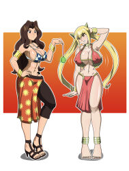  absurdres bare_legs barefoot bikini blonde_hair breasts brown_eyes brown_hair cana_alberona cleavage dlobo777 erect_nipples fairy_tail feet female_only femdom femsub gladiator_sandals happy_trance harem_outfit high_heels huge_breasts large_breasts legs lucy_heartfilia multiple_girls pendulum sandals twintails 