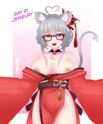  absurdres breasts cat_ears femsub gaonya happy_trance heterochromia hypnotic_accessory hypnotic_eyes hypnovember jewelry kimono kronobas28 nipples original pink_background simple_background solo tail 