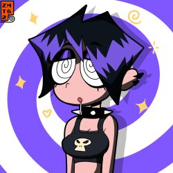  absurdres bare_shoulders black_hair breasts collar crop_top dazed drool earrings eyeshadow female_only femsub goth hair_covering_one_eye midriff open_mouth original piercing solo spiral spiral_background spiral_eyes spiralwash_eyes studded_collar symbol_in_eyes valbun_(character) zmt62 